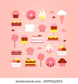 Sweets party set on festive pink background. Desserts, cakes, ice cream and candies. Flat vector food illustration perfect for invitation, greeting card or menu design