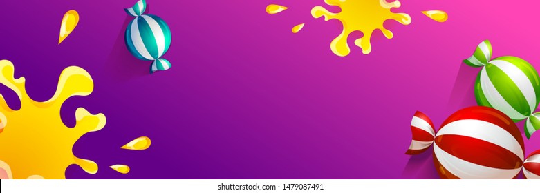 Sweets for party web banner. Striped candies bonbons on colorful violet horizontal background. Landscape cartoon vector Eps10 illustration of food.
