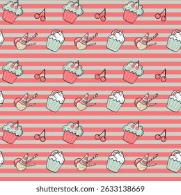 Sweets in pastel palette, seamless pattern, hand-drawn in doodle style. Cupcakes, ice cream, cherries on a striped background. For birthday parties, sweet bar, menus, cafes, banners, kitchen textiles