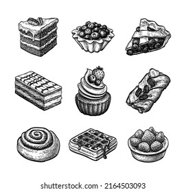 Sweets and pastries ink sketches set.