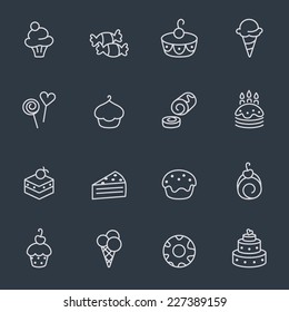 Sweets.  pastry and baking icons, thin line design, dark background