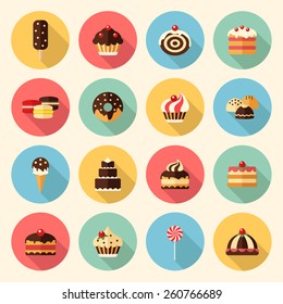 sweets, pastry, chocolate, cake, cupcake, ice cream, macaroon, donut, lollipop. flat design icons set. template elements for web and mobile applications