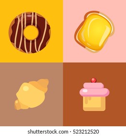 sweets, pastry, chocolate, cake, cupcake, ice cream, macaroon, donut, lollipop. flat design icons set. template elements for web and mobile applications