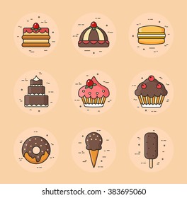 Sweets, pastry, desserts, cake, cupcake, ice cream, macaroon, donut. Flat design line icons set. Template elements for web and mobile applications