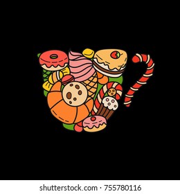 Sweets pastry logo element, cofee shop print. Sweets dessert logo illustration, cake and bakery icon food. Vector doodle cafe logotype, isolated.