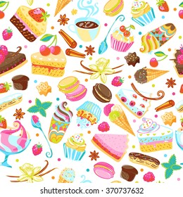 Sweets and pastry seamless pattern. Tart, macaroon, icecream, cookie, cake, spices  endless vector background.