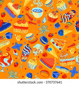 Sweets and pastry seamless pattern. Tart, macaroon, icecream, cookie, cake, spices  endless vector background.