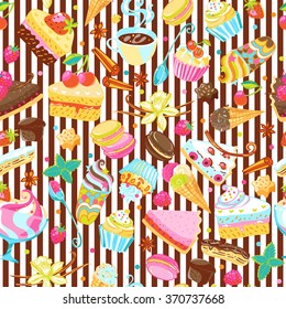 Sweets and pastry seamless pattern. Tart, macaroon, icecream, cookie, cake, spices  endless vector background.