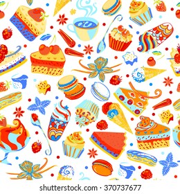 Sweets and pastry seamless pattern. Tart, macaroon, icecream, cookie, cake, spices  endless vector background.