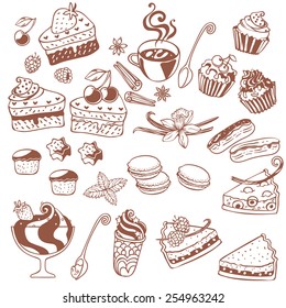 Sweets and pastry set. Tart, macaroon, icecream, cookie, cake, spices  isolated vector illustration.