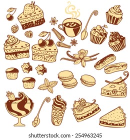 Sweets and pastry set. Tart, macaroon, icecream, cookie, cake, spices  isolated vector illustration.