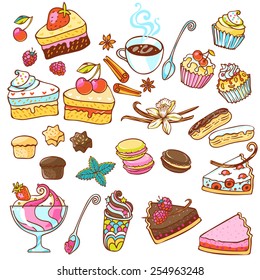 Sweets and pastry set. Tart, macaroon, icecream, cookie, cake, spices  isolated vector illustration.