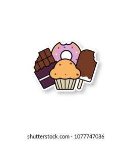 Sweets patch. Confectionery. Chocolate bar, doughnut, muffin with raisins, ice cream. Color sticker. Vector isolated illustration