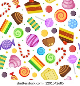 Sweets pattern. Biscuits cakes chocolate and caramel candies wrapped and colored vector seamless textile design on light background