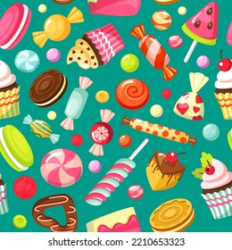 sweets pattern. cakes muffin lollipop delicious cupcakes. Vector seamless background