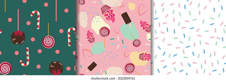 Sweets pattern. Desserts background with cupcake, candy, ice cream and chocolate apple. Seamless pattern with sweets. Christmas candy cane. For textile, print, wrapping paper, packaging. 
