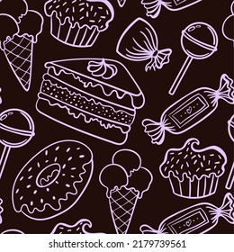 Sweets pattern on a black background, vector illustration.
