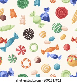 Sweets pattern. Seamless background with candies print. Repeating wrapping design with confectionery. Endless texture with caramels, sugar suckers, lollies. Colored flat graphic vector illustration