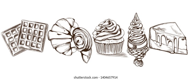 Sweets pattern Vector line art style. Ice cream, croissant, pancakes illustration