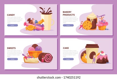 Sweets and people concept icons set with candy and cake symbols flat isolated vector illustration