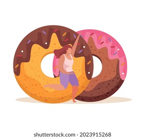 Sweets and people flat composition with female character and pair of creamy round donuts vector illustration