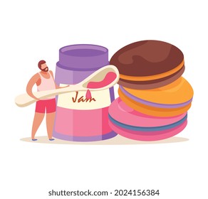 Sweets and people flat composition with male character holding spoon and bottle of jam with stack of cookies vector illustration