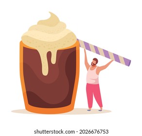 Sweets and people flat composition with male character and cup of sweet smoothie cocktail vector illustration