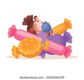 Sweets and people flat composition with male character sitting on pile of candies with blueberry vector illustration