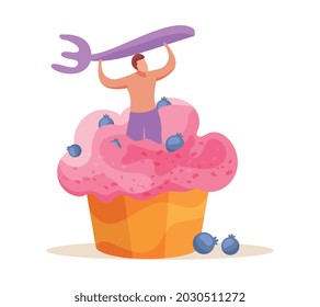 Sweets and people flat composition with male character holding fork standing inside creamy cupcake vector illustration
