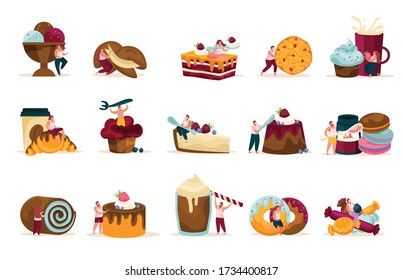 Sweets and people recolor icons set with confectionery symbols flat vector illustration