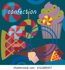Sweets and pie icons. Candies chocolate and ice cream food vector colored flat pictures