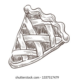Sweets pie slice dough bakery vector monochrome sketch outline isolated flat style food meal delicious patisserie baked cake with jam and filling decorated with stripes dessert in restaurant