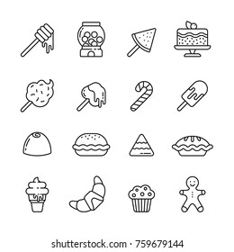 Sweets, pies and ice cream: thin monochrome icon set, black and white kit
