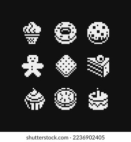 Sweets pixel art 1-bit icons set, black and white emoji, ice cream, donut, cookie, waffle, brownie, cake, muffin, cupcake and pie. Design for logo, sticker and mobile app. Isolated vector illustration