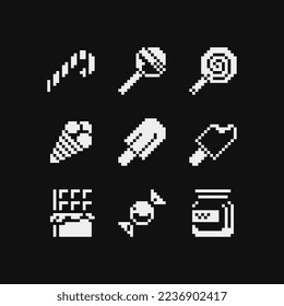 Sweets pixel art 1-bit icons set, black and white emoji, candy, lollipop, ice cream, chocolate bar, jar of jam. Design for logo, sticker and mobile app. Isolated vector illustration.