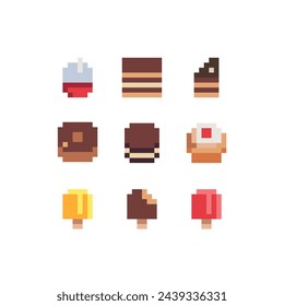 Sweets pixel art icons set. Sweet food, candies, chocolate, donut, wafer, cake, croissant and cookies isolated black and white vector illustration. Baked tasty food. Logo bakery, sticker and app. 