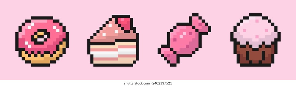 sweets pixel art set of icons, vintage, 8 bit, 80s, 90s games, computer arcade game items, donut, cake, candy, cupcake, vector illustration