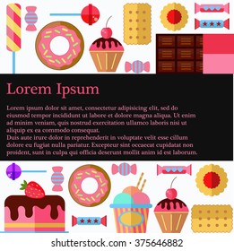 Sweets and place for text. Different sweets: chocolate, muffin, cupcake, donut, biscuits, lolly pop and other.