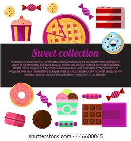 Sweets and place for text. Different sweets: chocolate, muffin, cupcake, donut, biscuits and other.