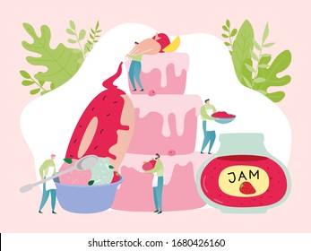 Sweets production concept, tiny people team bake cake with jam for summer cafe, vector illustration. Bakery dessert food cooking process, team of cartoon characters decorating pastry products together