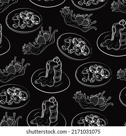 sweets, puncakes line art chalk vector seamless pattern isolated on black background. Concept for print, menu, cards