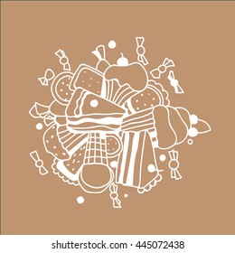 Sweets Round Design in Outline Hand Drawn Doodle Style with Different Objects on sweet Theme.