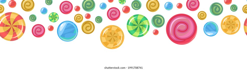 Sweets and scattered. Assorted dessert interspersed. Candy caramel. Seamless. Top seamless border. Flat Background illustration. Vector