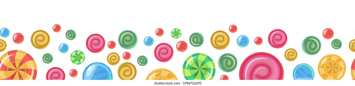 Sweets and scattered. Assorted dessert interspersed. Candy caramel. Seamless. Bottom seamless border. Flat Background illustration. Vector