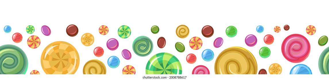 Sweets and scattered. Assorted dessert interspersed. Candy caramel. Seamless. Bottom seamless border. Flat Background illustration. Vector