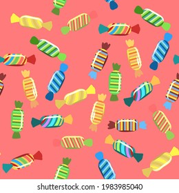 Sweets and scattered. Assorted lollipop dessert interspersed. Candy caramel wrapped. Bottom seamless pattern. Flat Background illustration. Vector