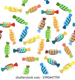Sweets and scattered. Assorted lollipop dessert interspersed. Candy caramel wrapped. Bottom seamless pattern. Flat Background isolated. Vector