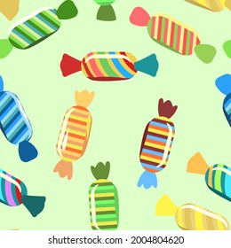 Sweets and scattered. Assorted lollipop dessert interspersed. Candy caramel wrapped. Bottom seamless pattern. Flat Background illustration. Vector
