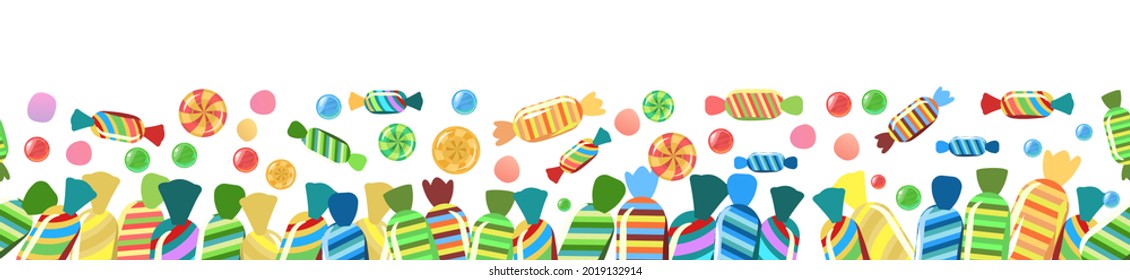 Sweets and scattered. Assorted lollipop dessert interspersed. Candy caramel wrapped. Bottom seamless border. Flat Background illustration. Vector
