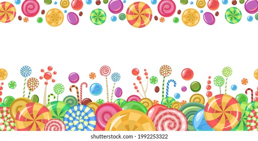 Sweets and scattered. Frame. Assorted lollipop dessert interspersed. Candy caramel with stick. Seamless border. Flat Background illustration. Vector